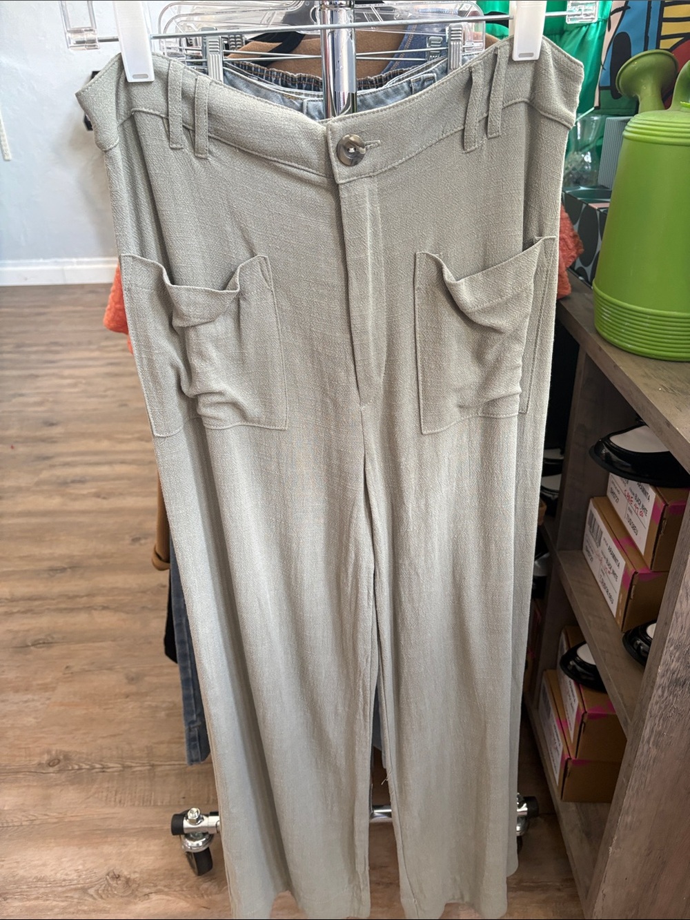 Light green sage Wide-Leg linen womensPants with Front Patch Pockets